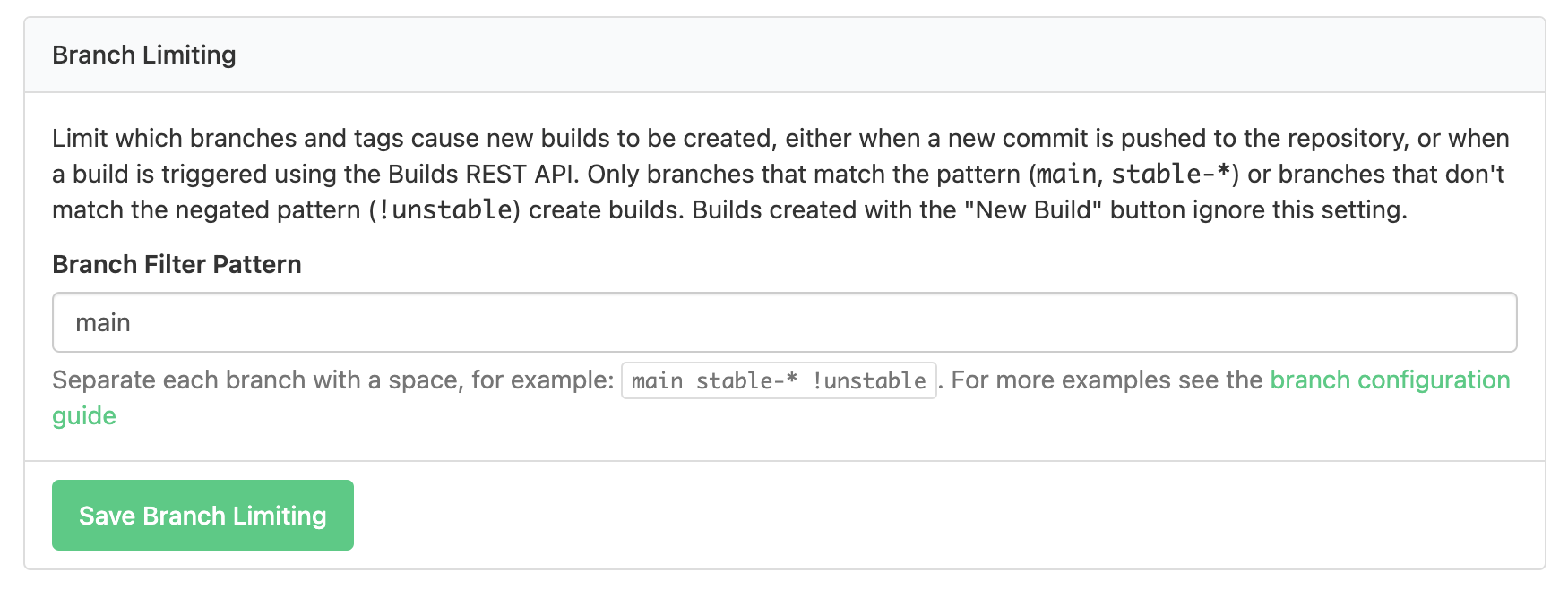 Branch limiting settings with example main branch