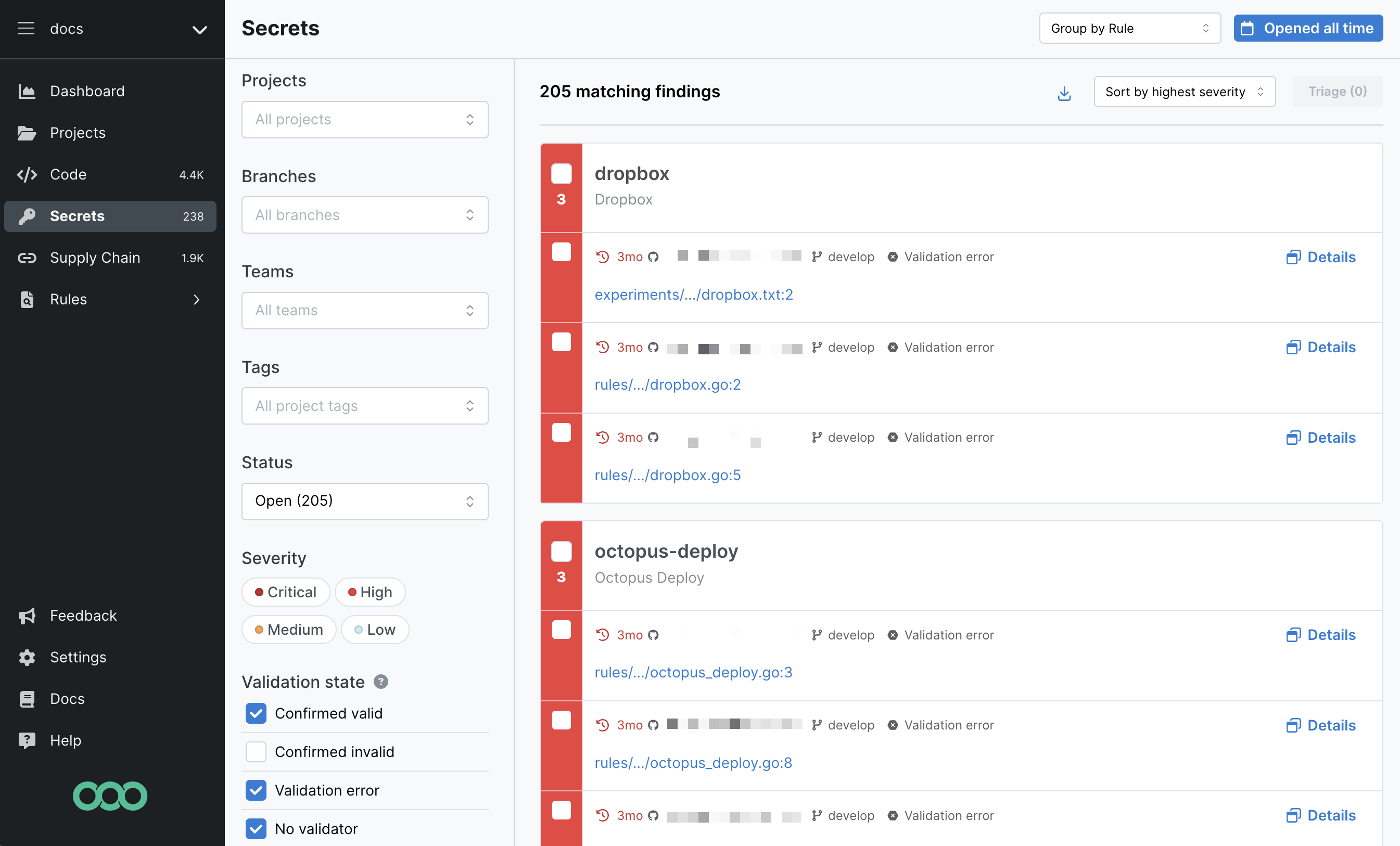 Semgrep Secrets page